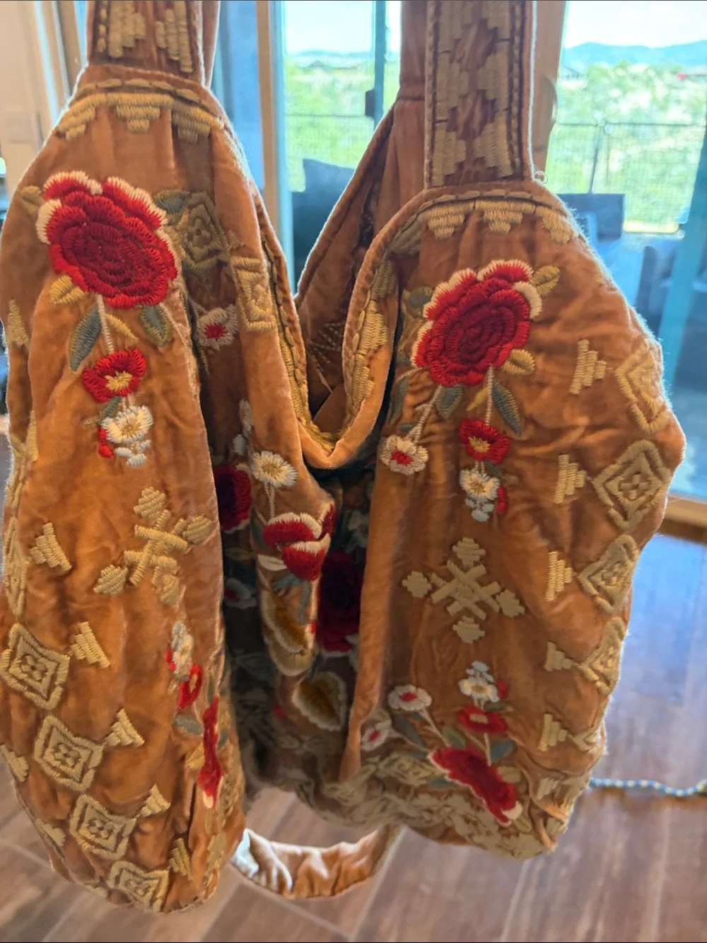 Johnny Was Tan Velvet Tote with Red Floral Embroidery